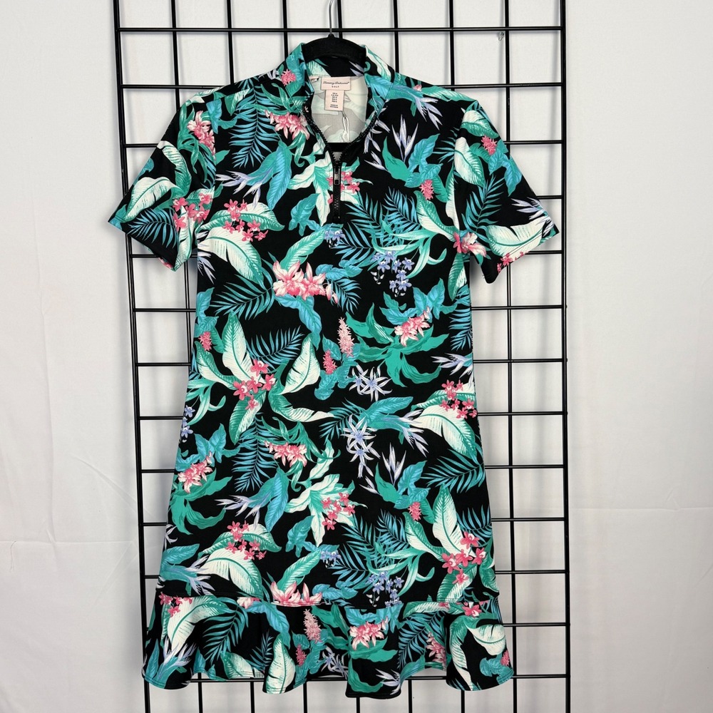 NWT Tommy Bahama Golf Dress Womens S Black Tropical Floral Ruffle UPF 50 1/4 Zip